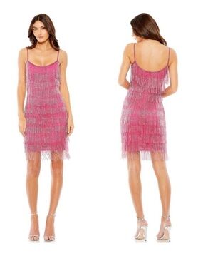 Mac Duggal Beaded Fringe Mini Dress Size XS Pink Party Cocktail Birthday Chic